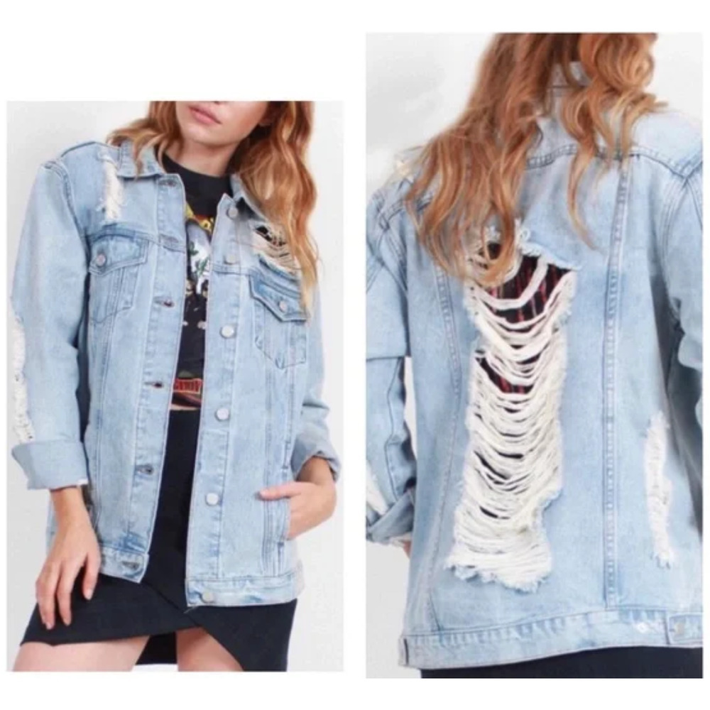 Boom Boom Jeans Women's Denim Jacket Total Destruction Oversized Distress Size M